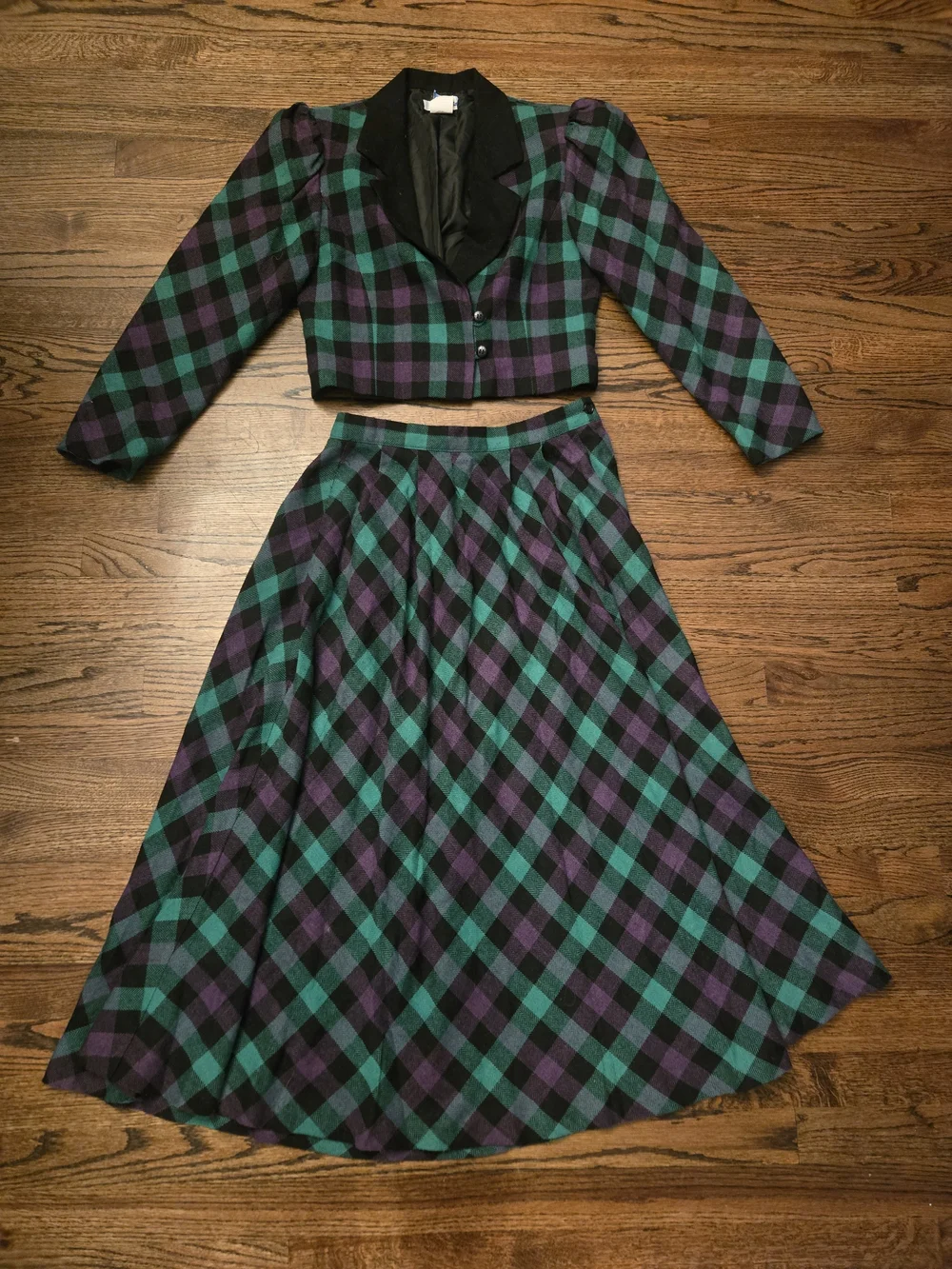 Vintage Two-Piece Skirt And Jacket Set Wool Plaid Halloween Christmas Party